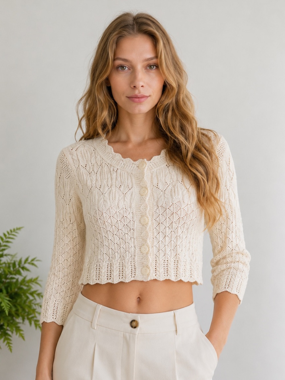 ba&sh Cream Crochet Button-Up Cotton Jump Cardigan EUC